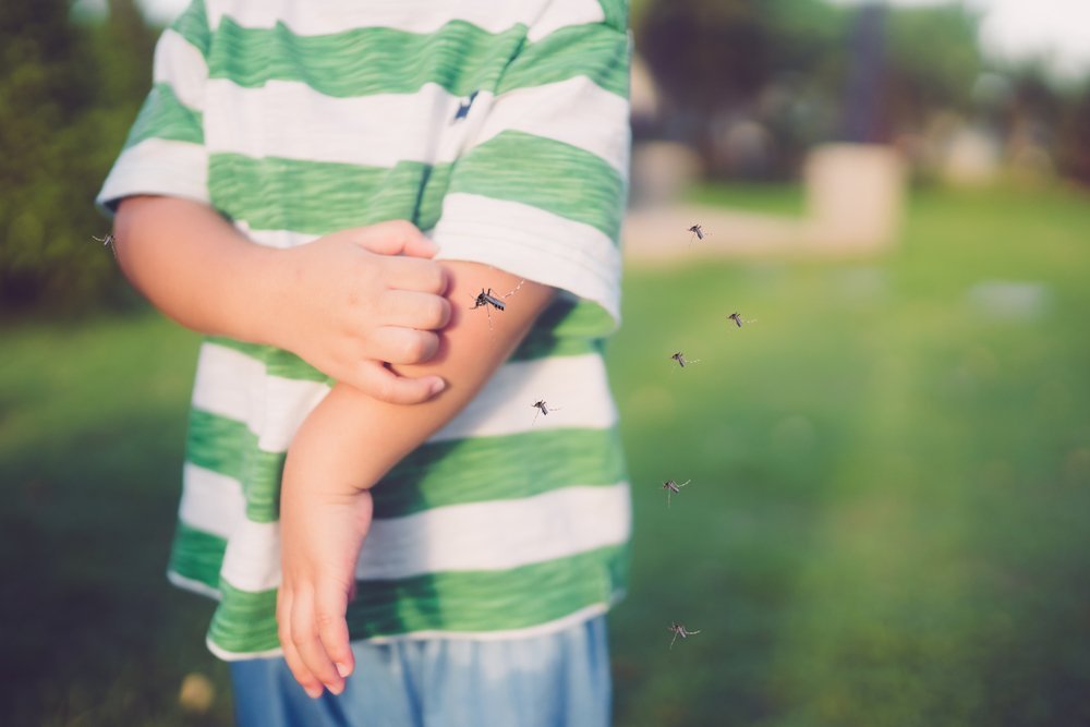 child scratching their arm with mosquitos swarming