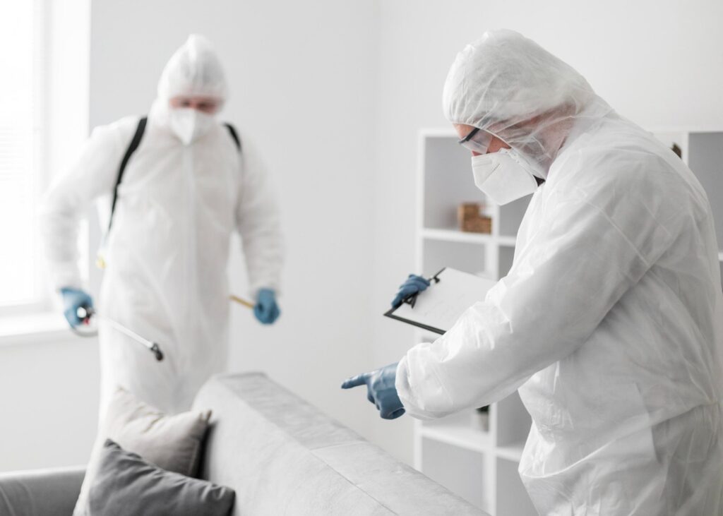 men in protective suits spraying chemicals