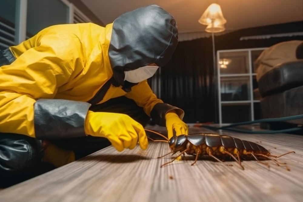 a giant bug on the floor of a living room being looked at by a man in a yellow and black safety suit