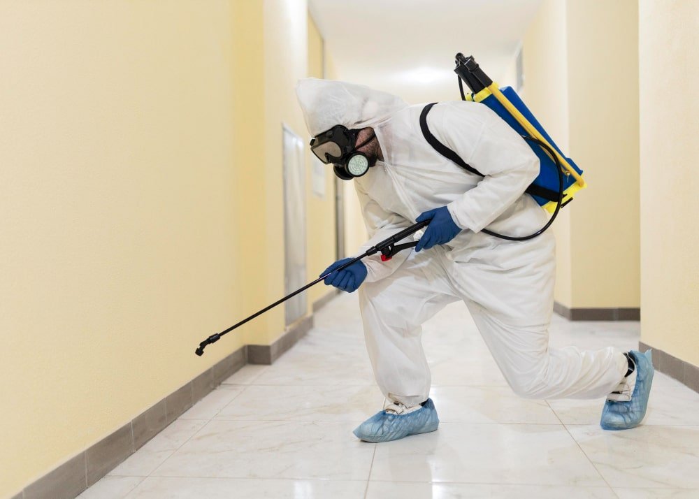 person spraying a hallway for pests