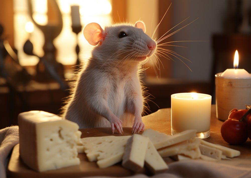 mouse on a cheese board surrounded by candles